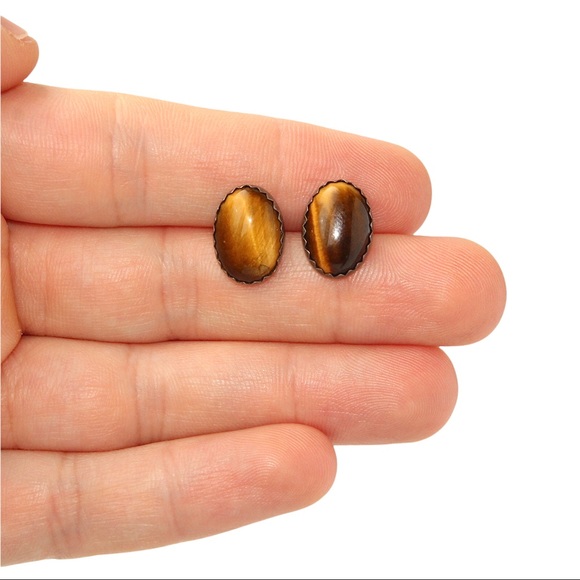 Vintage Tiger’s Eye Sterling Silver Stud Earrings Oval Cabochon Sawtooth Studs - Picture 4 of 4